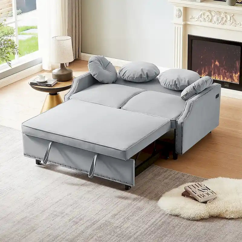 Divanetto letto con schienale regolabile con bottoni, 2 porte USB e 4 cuscini
