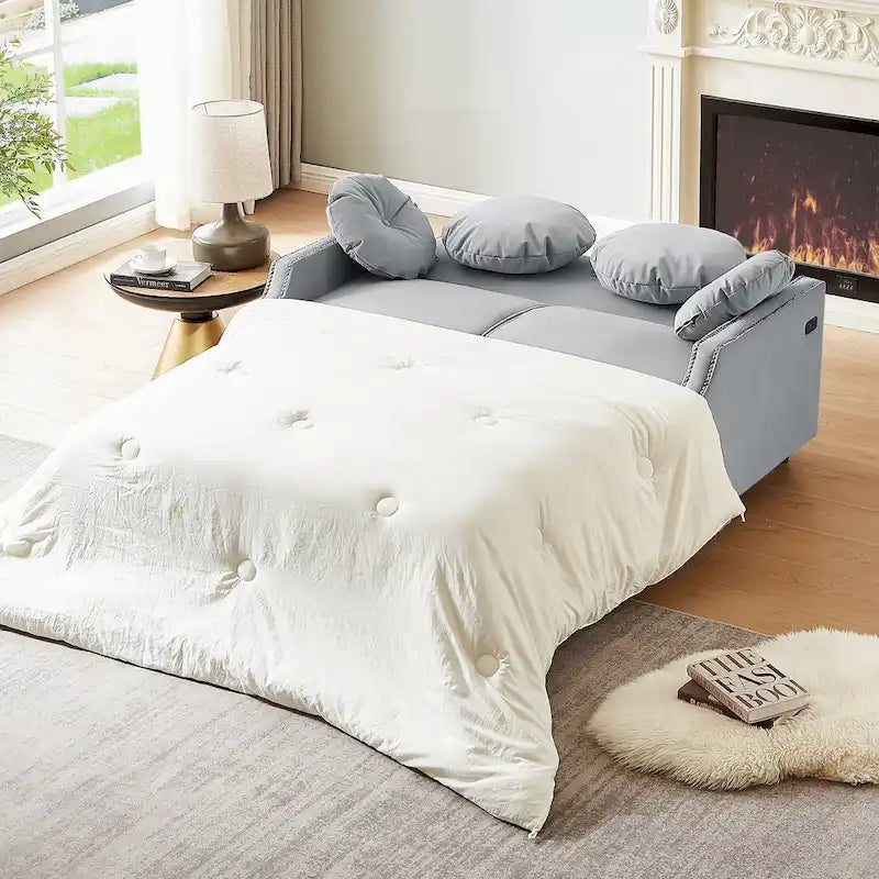 Divanetto letto con schienale regolabile con bottoni, 2 porte USB e 4 cuscini