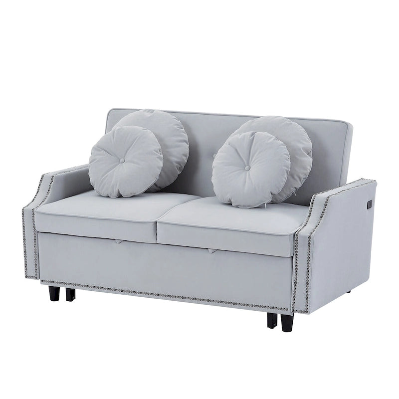 Divanetto letto con schienale regolabile con bottoni, 2 porte USB e 4 cuscini