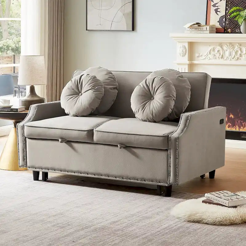 Divanetto letto con schienale regolabile con bottoni, 2 porte USB e 4 cuscini