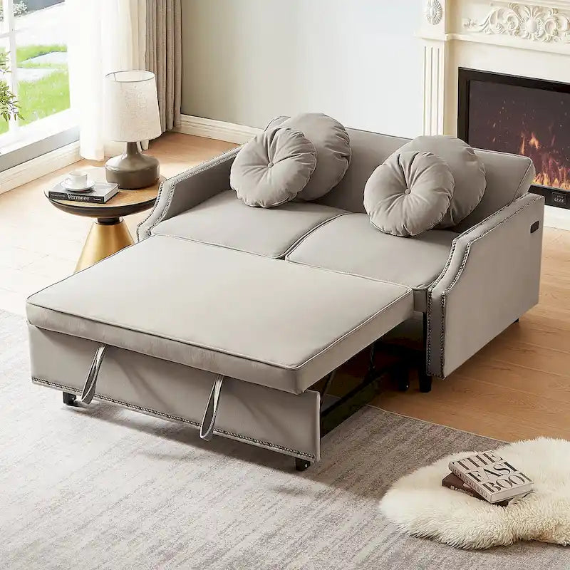 Divanetto letto con schienale regolabile con bottoni, 2 porte USB e 4 cuscini