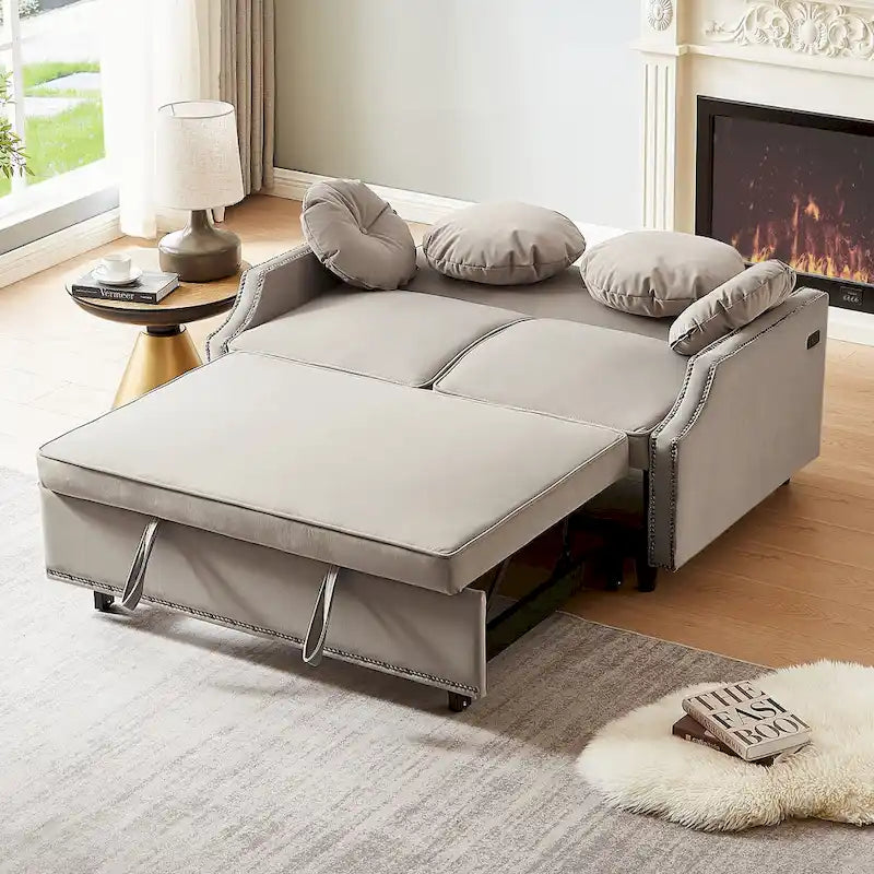 Divanetto letto con schienale regolabile con bottoni, 2 porte USB e 4 cuscini