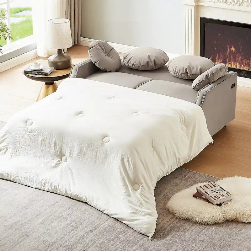 Divanetto letto con schienale regolabile con bottoni, 2 porte USB e 4 cuscini