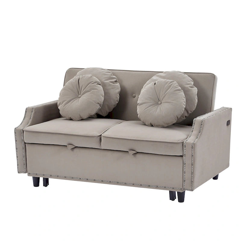 Divanetto letto con schienale regolabile con bottoni, 2 porte USB e 4 cuscini