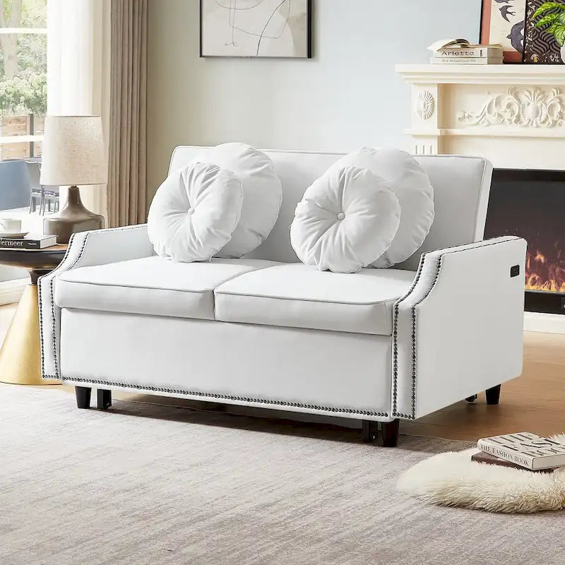 Divanetto letto con schienale regolabile con bottoni, 2 porte USB e 4 cuscini