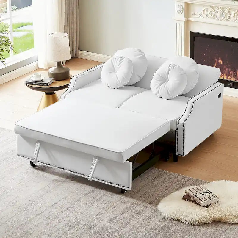 Divanetto letto con schienale regolabile con bottoni, 2 porte USB e 4 cuscini