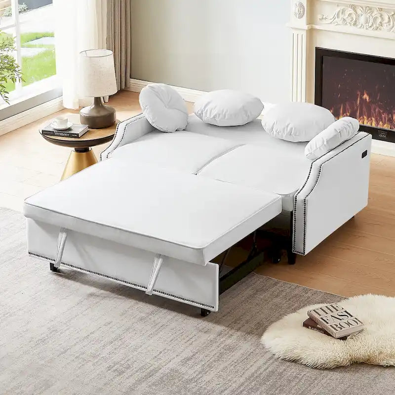Divanetto letto con schienale regolabile con bottoni, 2 porte USB e 4 cuscini