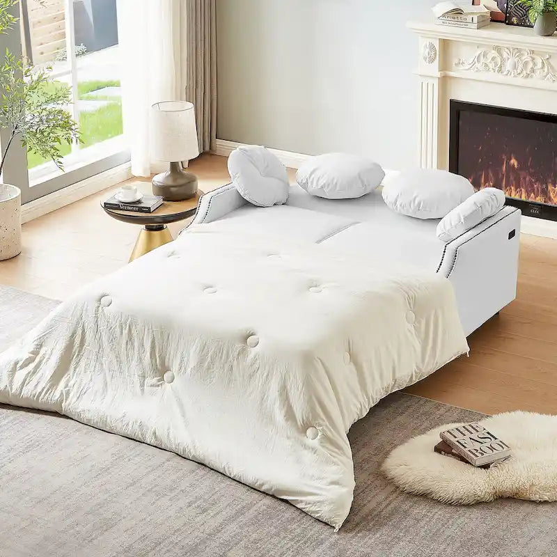 Divanetto letto con schienale regolabile con bottoni, 2 porte USB e 4 cuscini