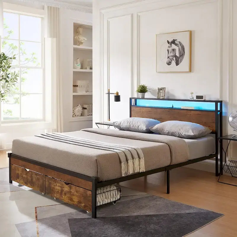 Metal Platform Bed Frame with Headboard and Footboard with USB, Charging Station, 2 Drawers, LED Lights