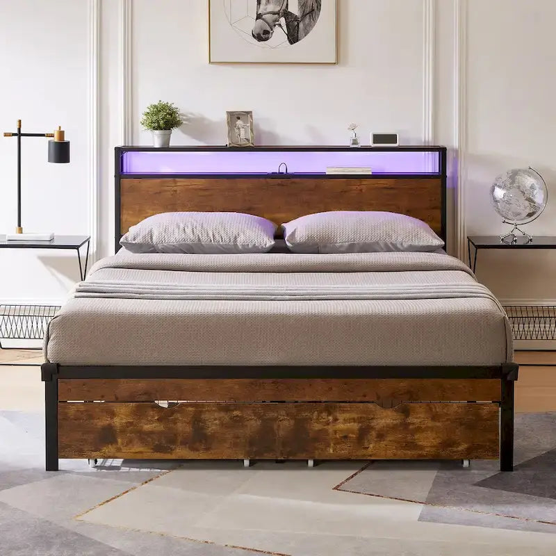 Metal Platform Bed Frame with Headboard and Footboard with USB, Charging Station, 2 Drawers, LED Lights