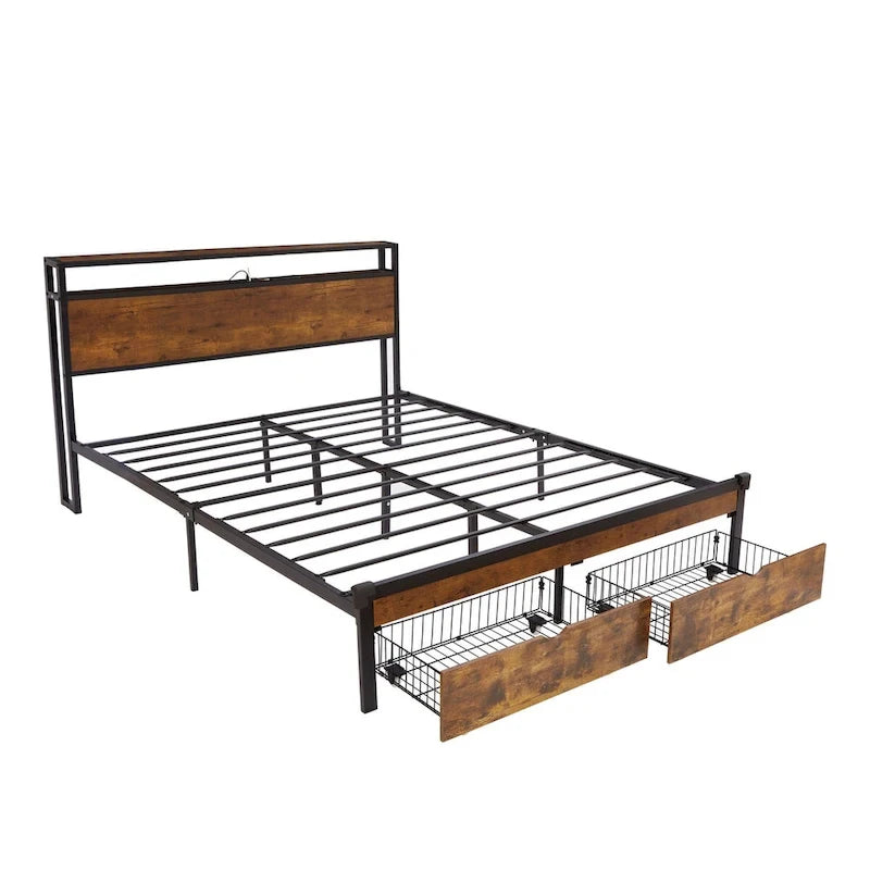 Metal Platform Bed Frame with Headboard and Footboard with USB, Charging Station, 2 Drawers, LED Lights