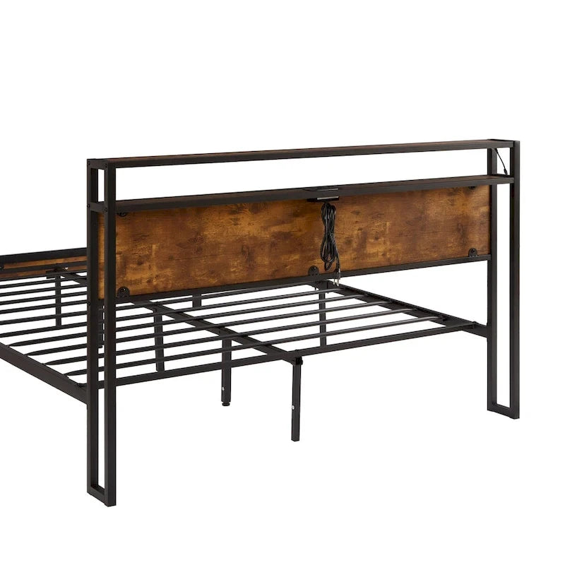 Metal Platform Bed Frame with Headboard and Footboard with USB, Charging Station, 2 Drawers, LED Lights