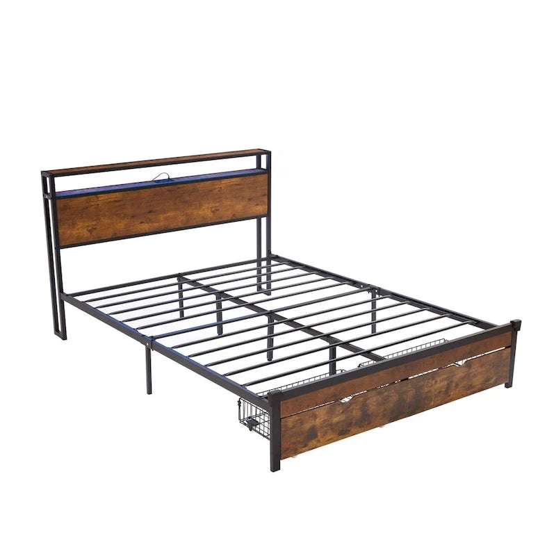 Metal Platform Bed Frame with Headboard and Footboard with USB, Charging Station, 2 Drawers, LED Lights