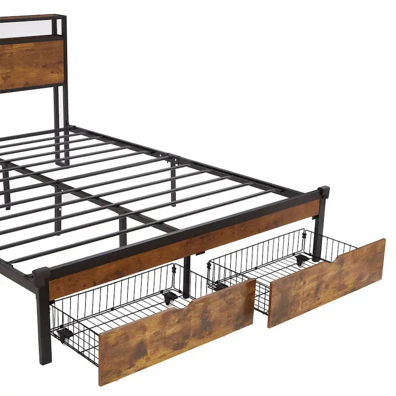 Metal Platform Bed Frame with Headboard and Footboard with USB, Charging Station, 2 Drawers, LED Lights