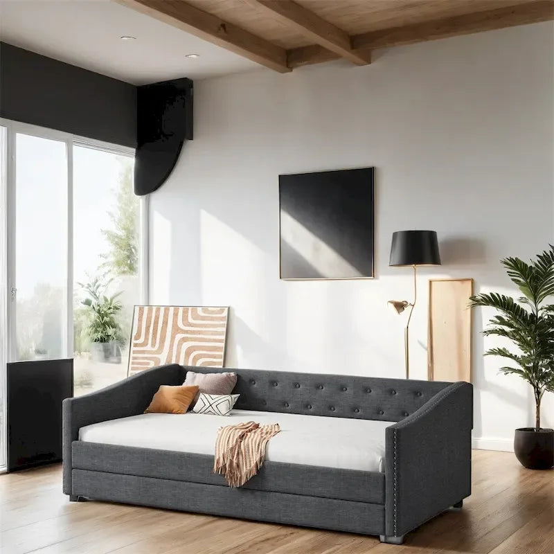 Twin Size Upholstered Tufted Daybed with Trundle and Copper Nail