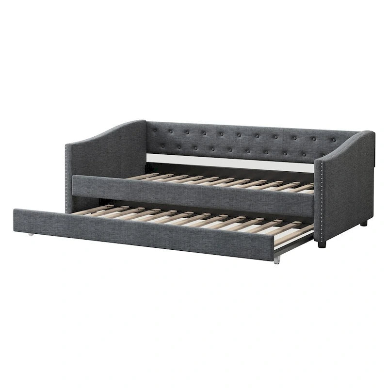 Twin Size Upholstered Tufted Daybed with Trundle and Copper Nail