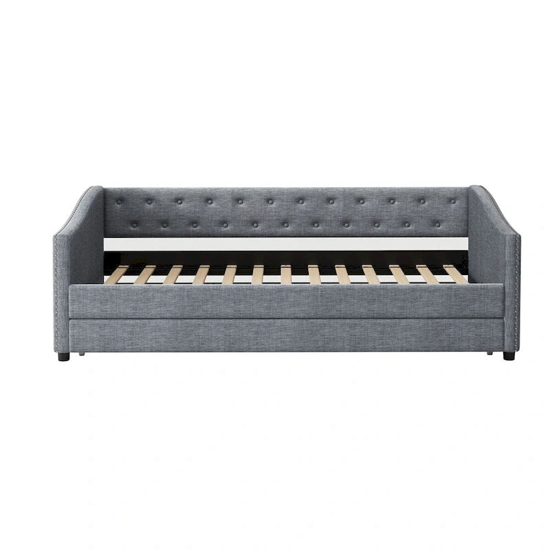 Twin Size Upholstered Tufted Daybed with Trundle and Copper Nail