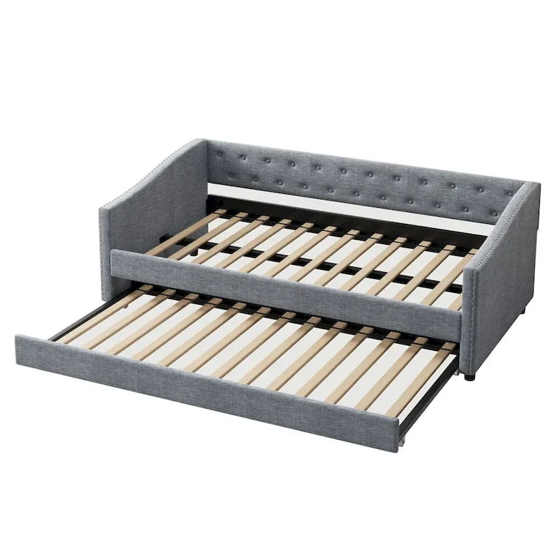 Twin Size Upholstered Tufted Daybed with Trundle and Copper Nail
